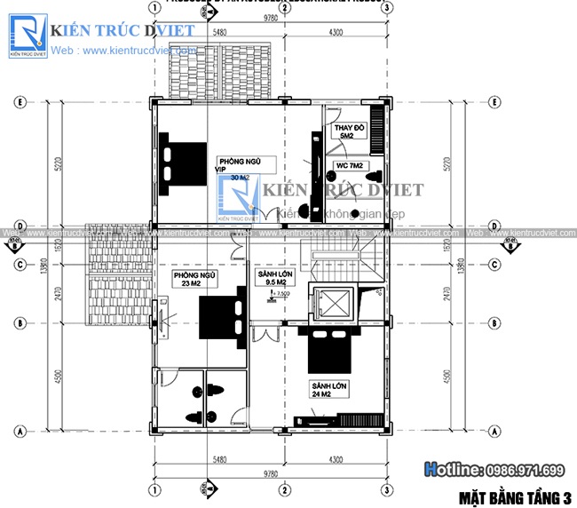 mat bang tang 3 thiet ke biet thu Phap 4 tang tai Ba Vi - Ha Noi