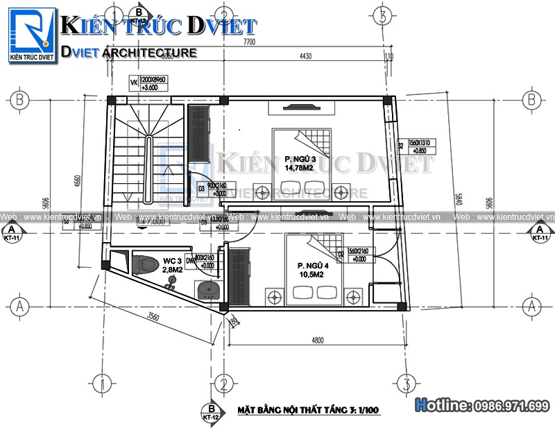 mat bang tang 3 nha pho hien dai 3 tang 1 tum 44,5m2