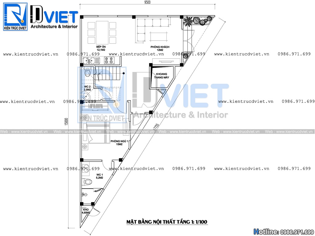 thiet ke nha lo pho (nha ong) hien dai 2 tang 1 tum mat bang hinh tam giac tai Thai Binh (4)