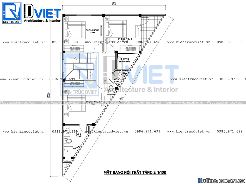 thiet ke nha lo pho (nha ong) hien dai 2 tang 1 tum mat bang hinh tam giac tai Thai Binh (5)