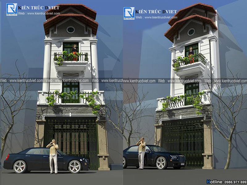 Thiết kế nhà phố (nhà ống) 3 tầng 1 tum kiến trúc Pháp tại Hải Phòng