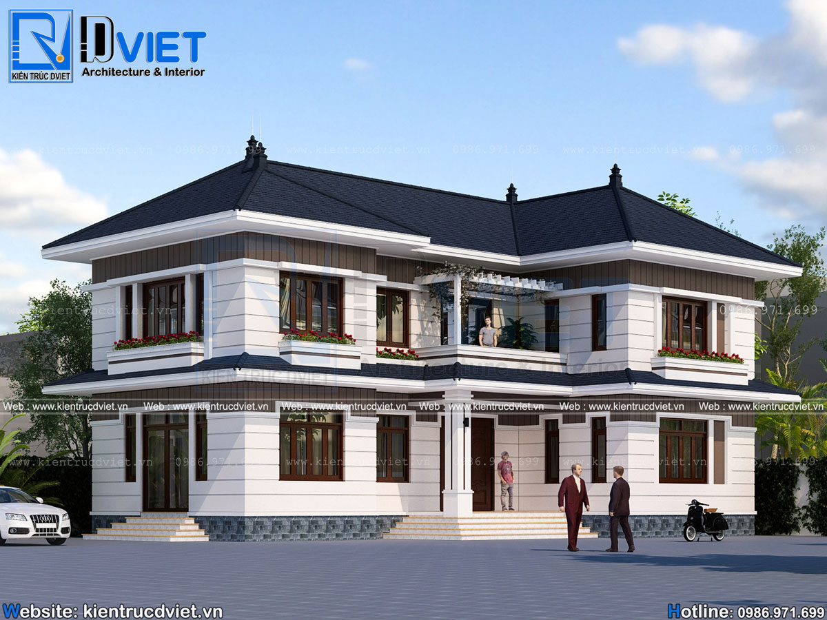 Thiết kế biệt thự chữ L 2 tầng hiện đại mái nhật 17x10m tại Bắc Ninh