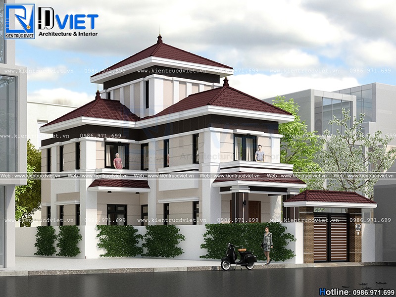 Thiết kế biệt thự chữ L 2 tầng 1 tum hiện đại 8x12m tại Thái Nguyên