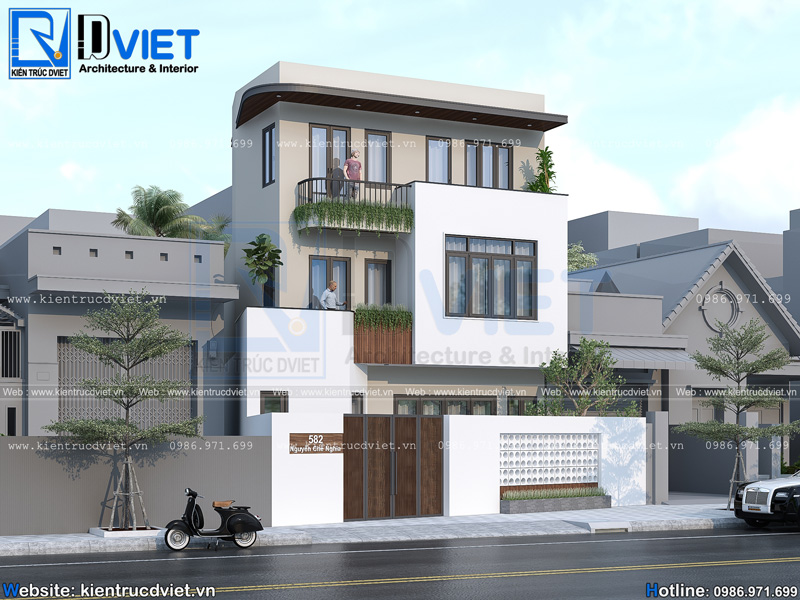 Thiết kế biệt thự 3 tầng hiện đại 9x14m trên đất méo tại Hải Dương BT 113