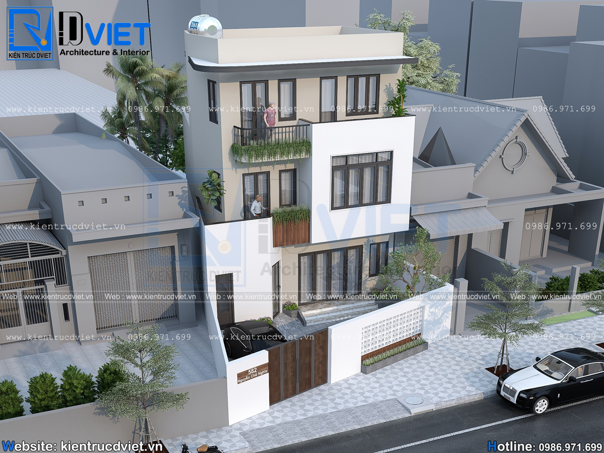 thiết kế biệt thự 3 tầng hiện đại 9x14m trên đất méo tại Gia Lộc - Hải Dương (4)