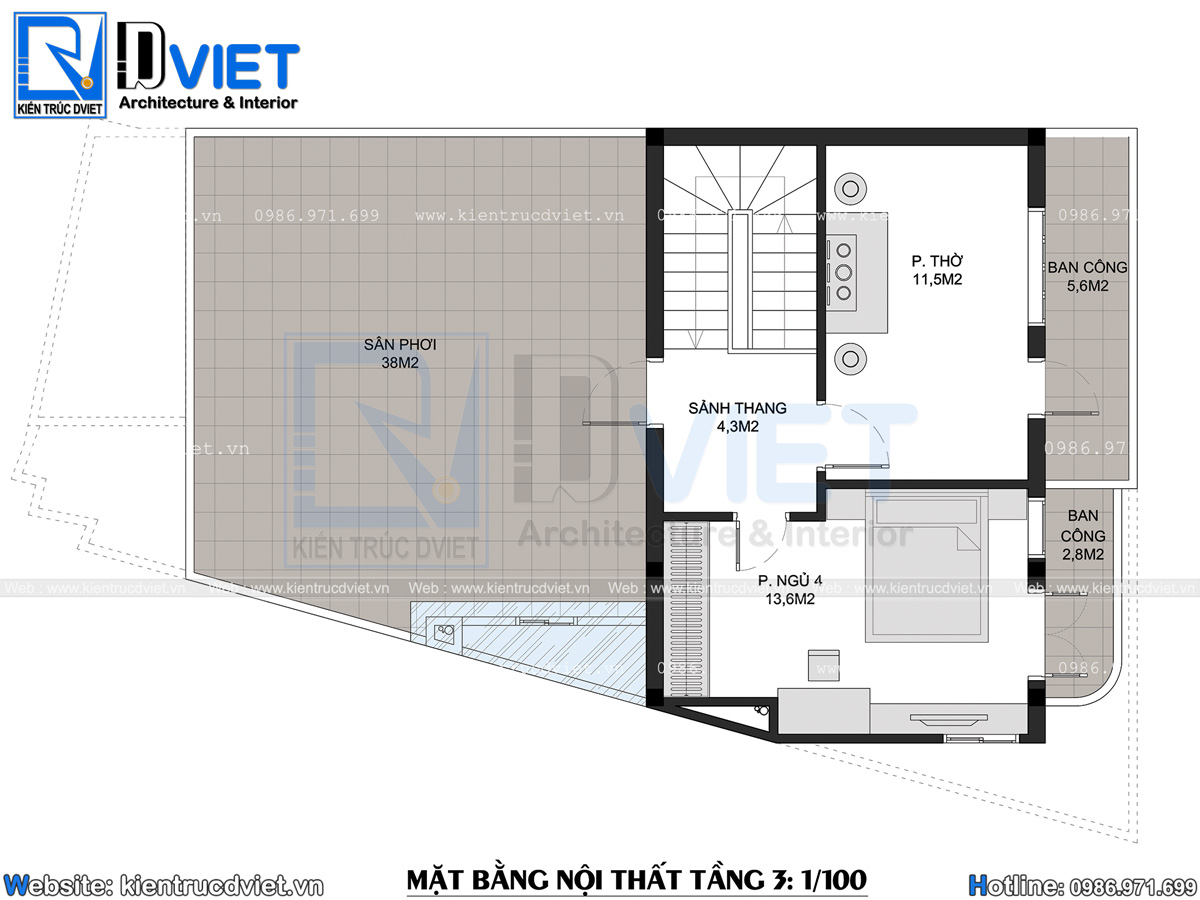 mặt bằng biệt thự 3 tầng hiện đại 9x14m trên đất méo tại Gia Lộc - Hải Dương (8)