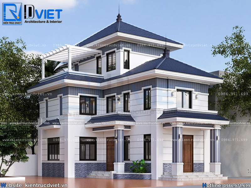Thiết kế biệt thự chữ L 2 tầng 1 tum 8,5x12m mái Nhật hiện đại tại Chương Mỹ
