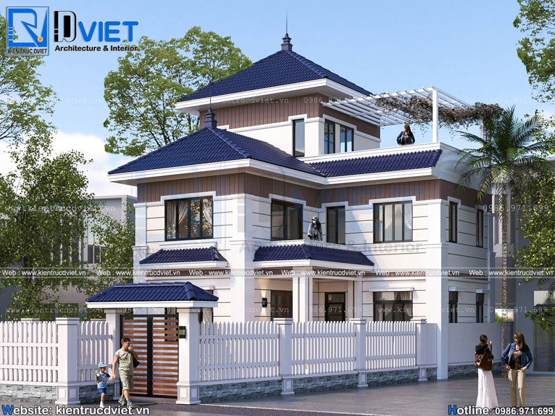 Mẫu thiết kế biệt thự chữ L 2 tầng 1 tum mái nhật 90m2 đẹp tại Hoài Đức