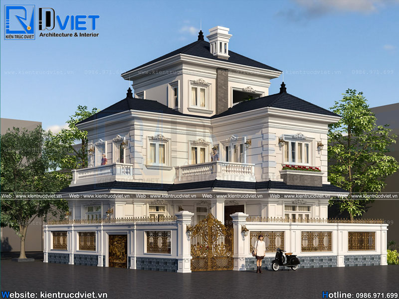 Mẫu thiết kế biệt thự chữ L tân cổ điển 2 tầng 1 tum 12x12m ưa chuộng tại Bắc Ninh