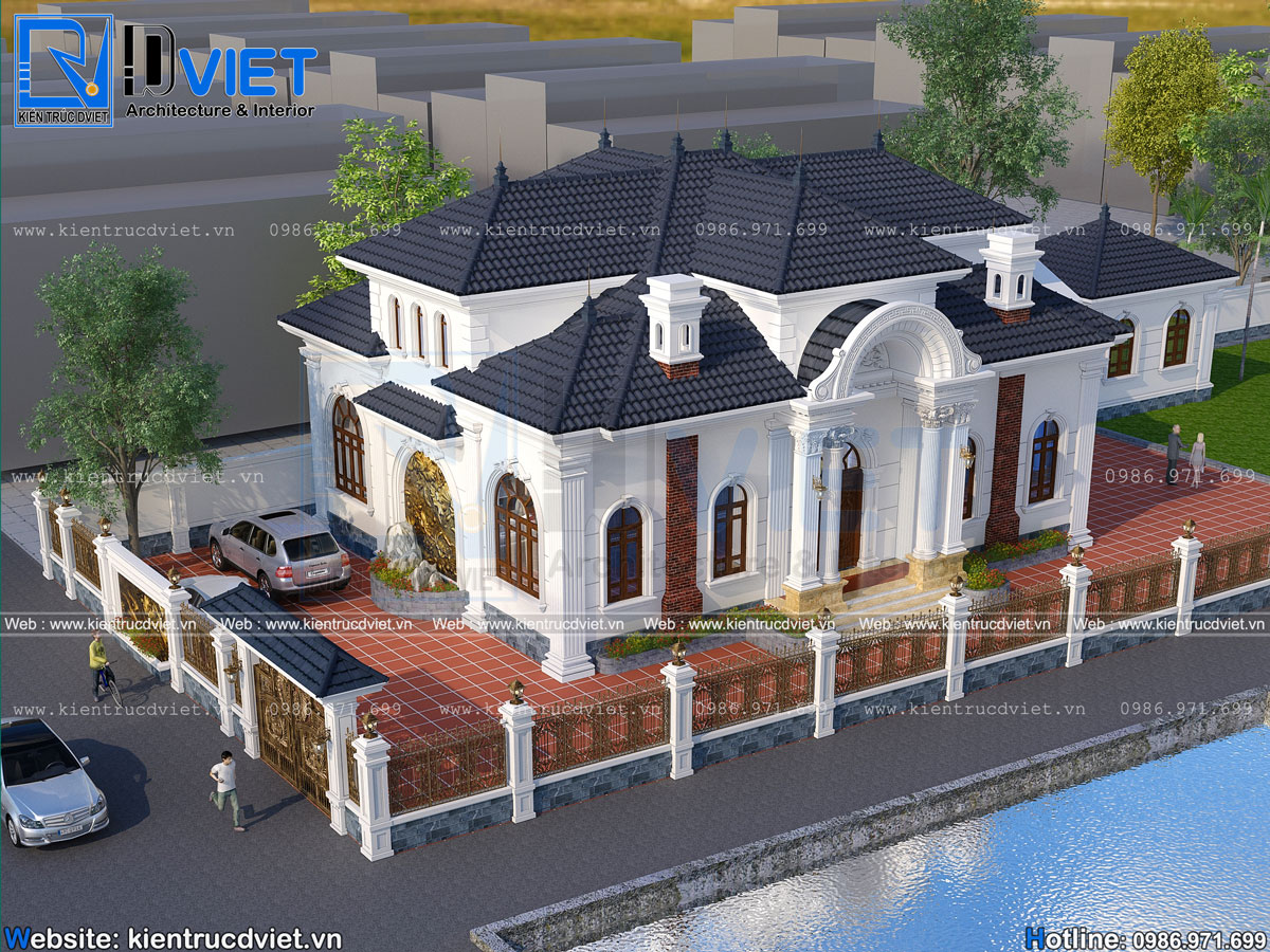 mẫu thiết kế biệt thự tân cổ điển 1 tầng mái nhật diện tích 12,8m đẹp hoàn hảo nhất tại khoái Châu – Hưng Yên (4)