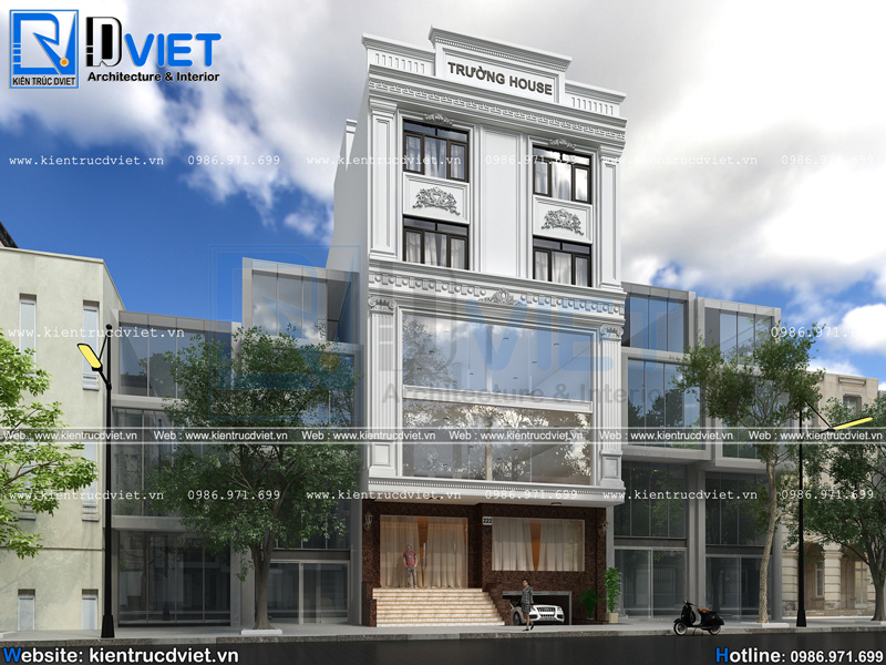 Thiết kế nhà ống tân cổ điển 5 tầng 1 hầm 10x13,5m kết hợp kinh doanh tại Thanh Oai