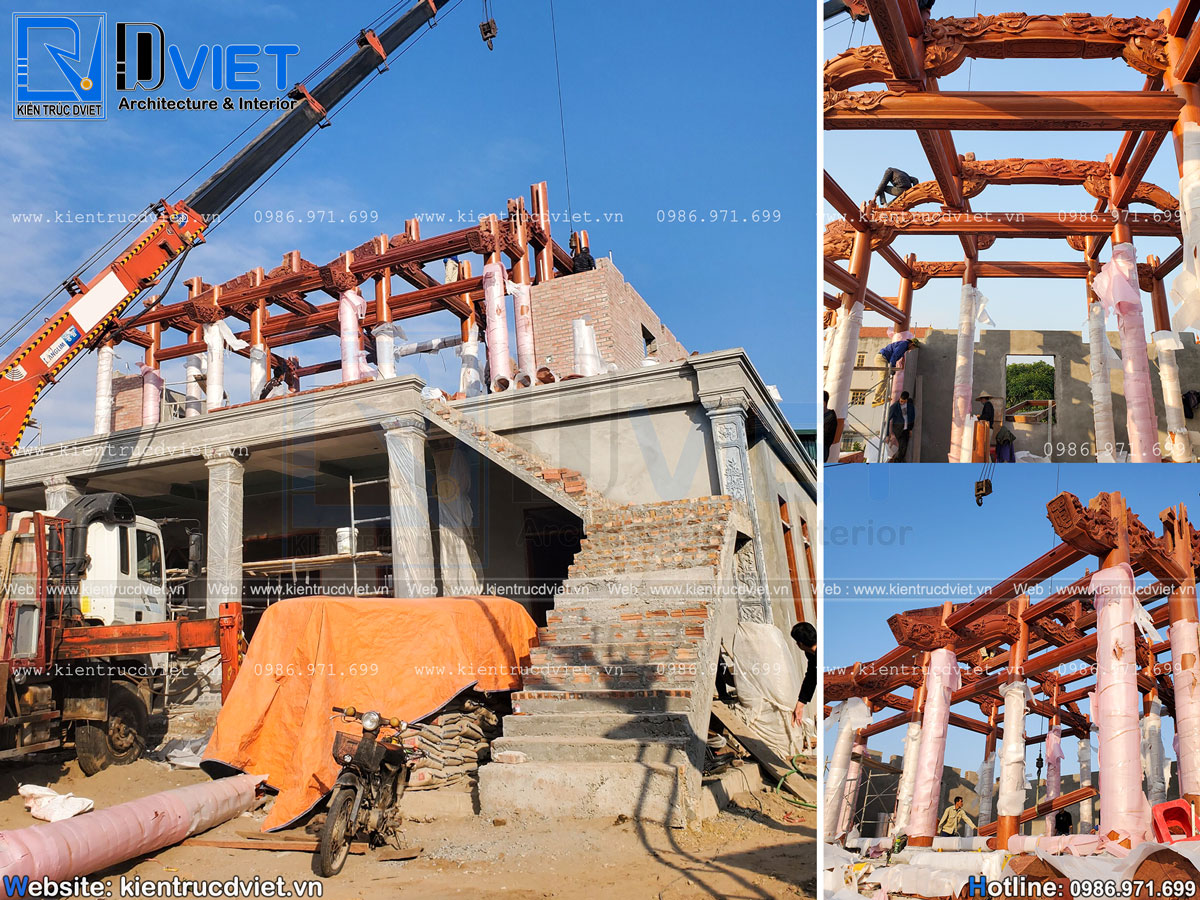 Ảnh thực tế thi công nhà thờ họ 3 gian 4 mái 2 tầng tại Huyện Kim Động - Hưng Yên (8)