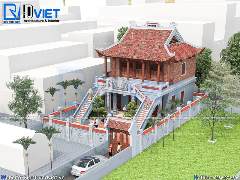 Mẫu thiết kế nhà thờ họ (từ đường) 3 gian 4 mái 2 tầng 10x12,8m tại Nam Định