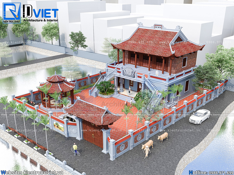 Mẫu thiết kế nhà thờ họ 2 tầng 3 gian 4 mái 14,35 x 13m đẹp nhất tại Thái Bình