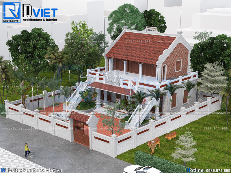 Thiết kế nhà thờ họ (từ đường) 2 tầng 3 gian 2 mái tối ưu chi phí tại Hưng Yên