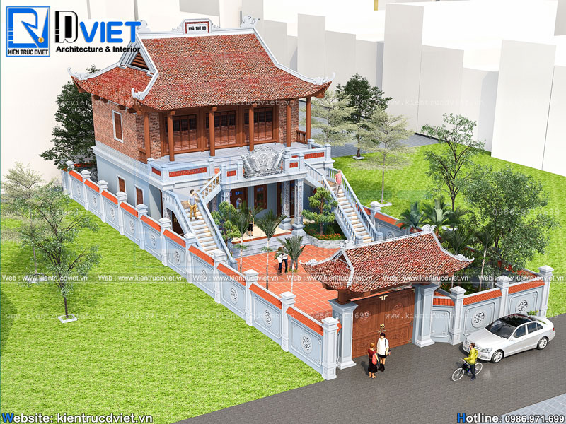 Thiết kế nhà thờ họ (từ đường) 3 gian 4 mái 2 tầng đẹp nhất tỉnh Vĩnh Phúc