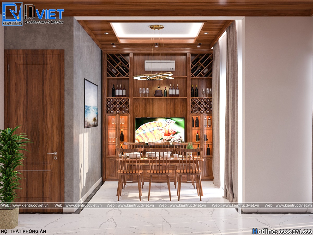 thiết kế nội thất phòng ăn gỗ óc chó biệt thự hiện đại 2 tầng tại Bắc Giang (5)