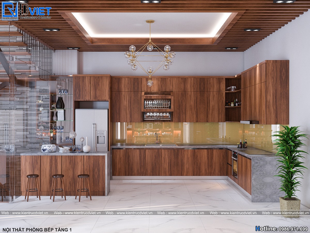 thiết kế nội thất phòng bếp gỗ óc chó biệt thự hiện đại 2 tầng tại Bắc Giang (4)