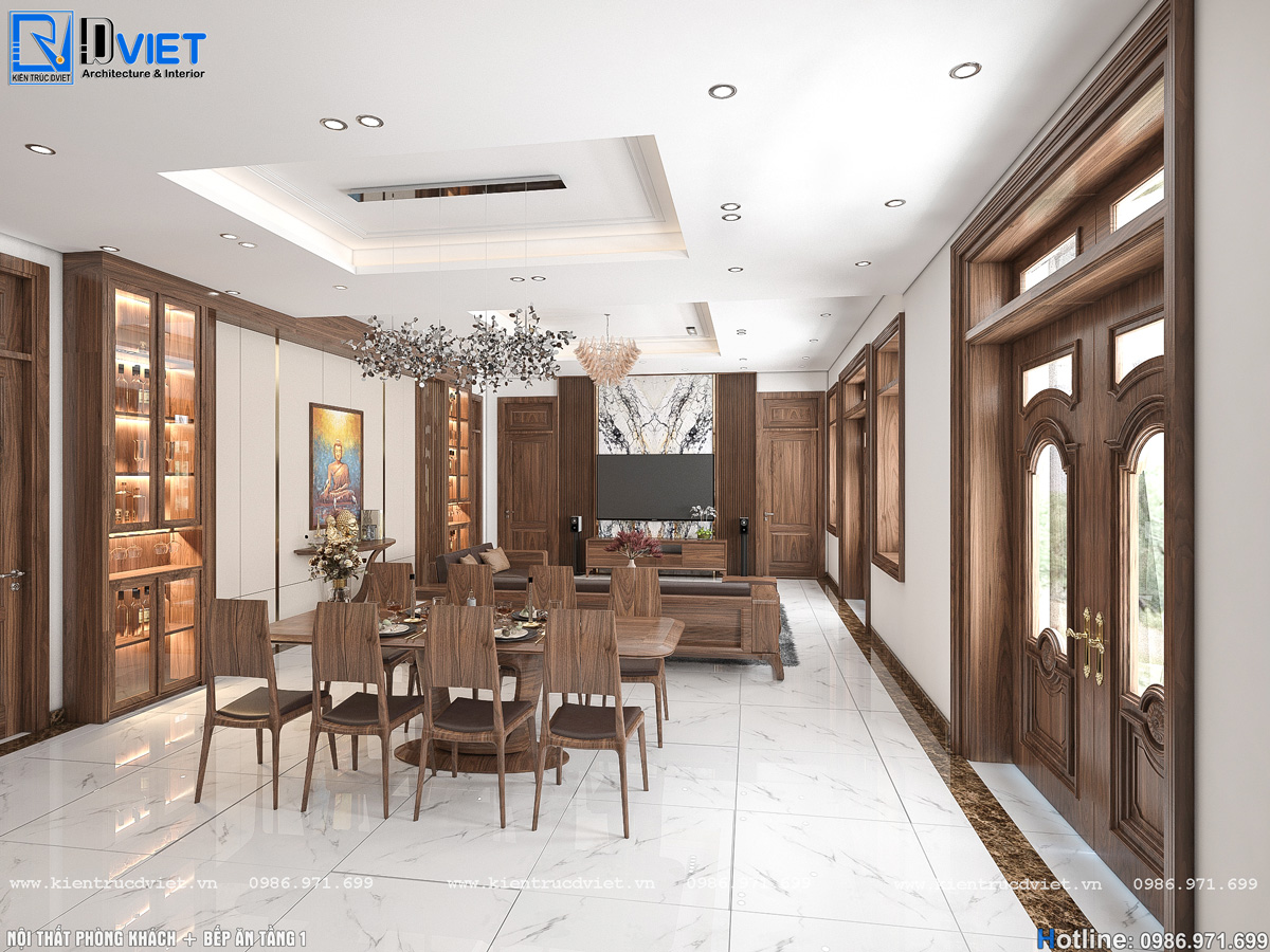 thiết kế nội thất gỗ óc chó phòng khách, bếp ăn tại Hà Tĩnh (3)