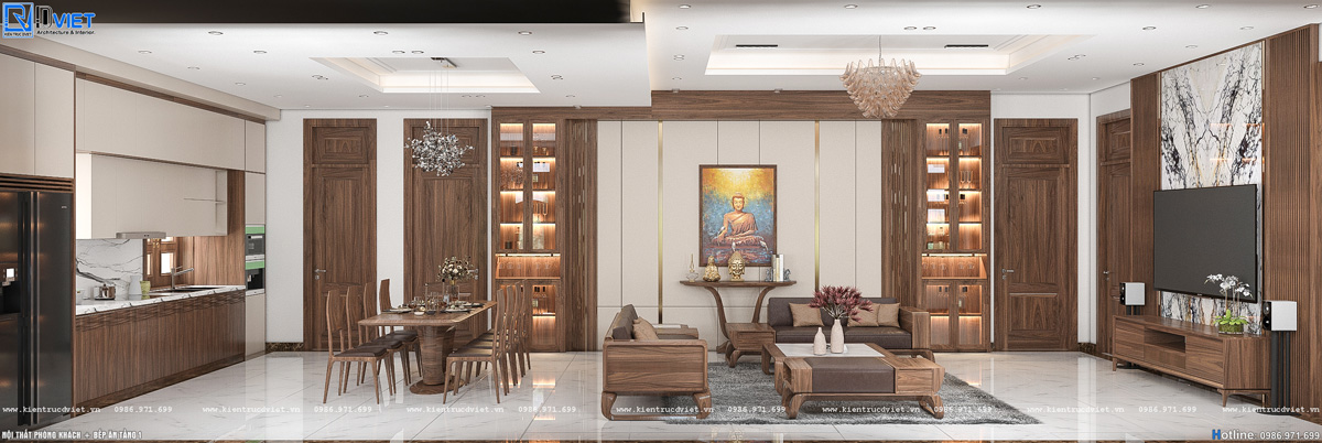 thiết kế nội thất gỗ óc chó phòng khách, bếp ăn tại Hà Tĩnh (5)