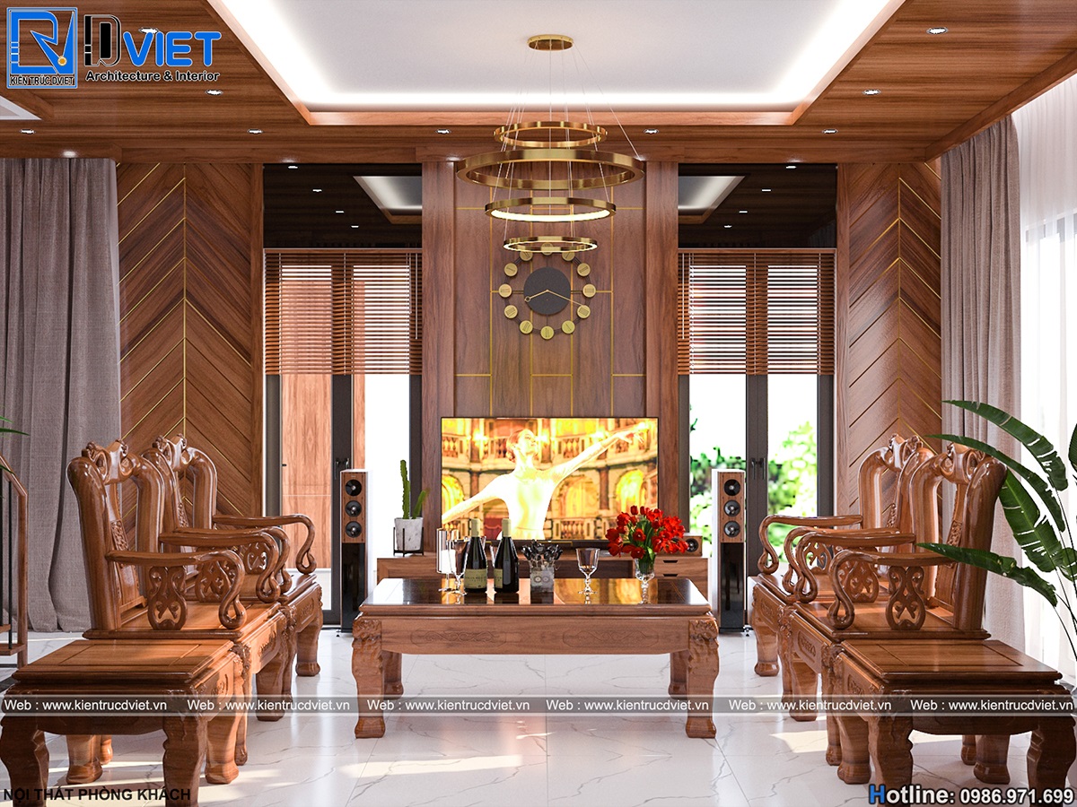 thiết kế nội thất phòng khách 30m2 gỗ óc chó biệt thự hiện đại 2 tầng tại Bắc Giang (2)
