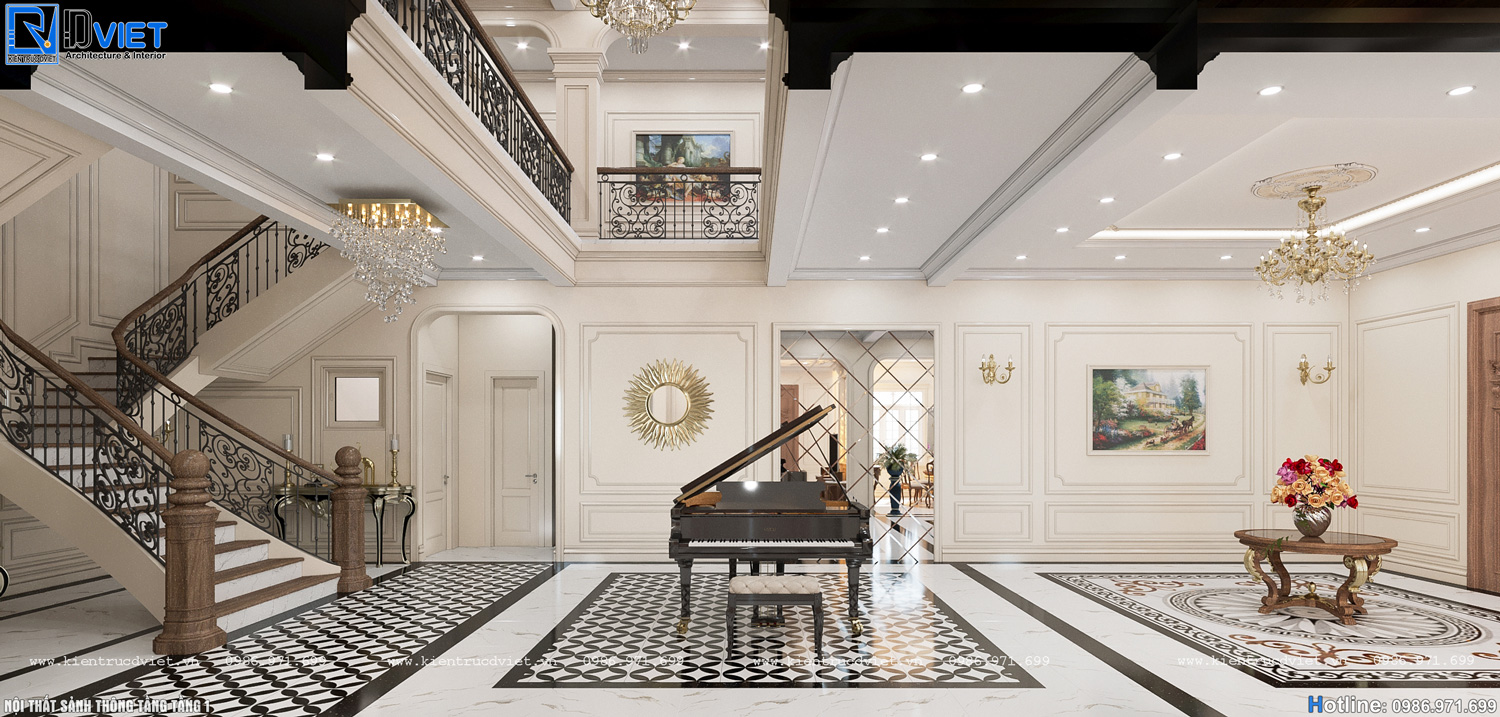thiết kế nội thất tân cổ điển biệt thự 2 tầng 1 tum 15x15m tại Ninh Bình (6)