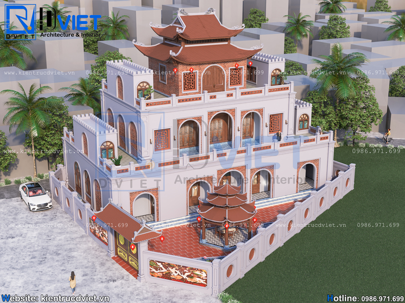 Thiết kế Đền thờ 3 tầng 8 mái chồng Diêm 21x12,8m tại Hải Dương