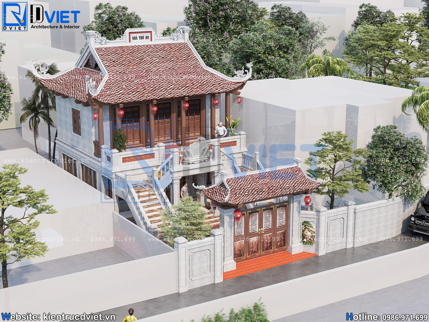 Thiết kế nhà thờ họ (từ đường) 2 tầng 3 gian 4 mái mặt tiền 8x9m tại quận Tây Hồ - Hà Nội