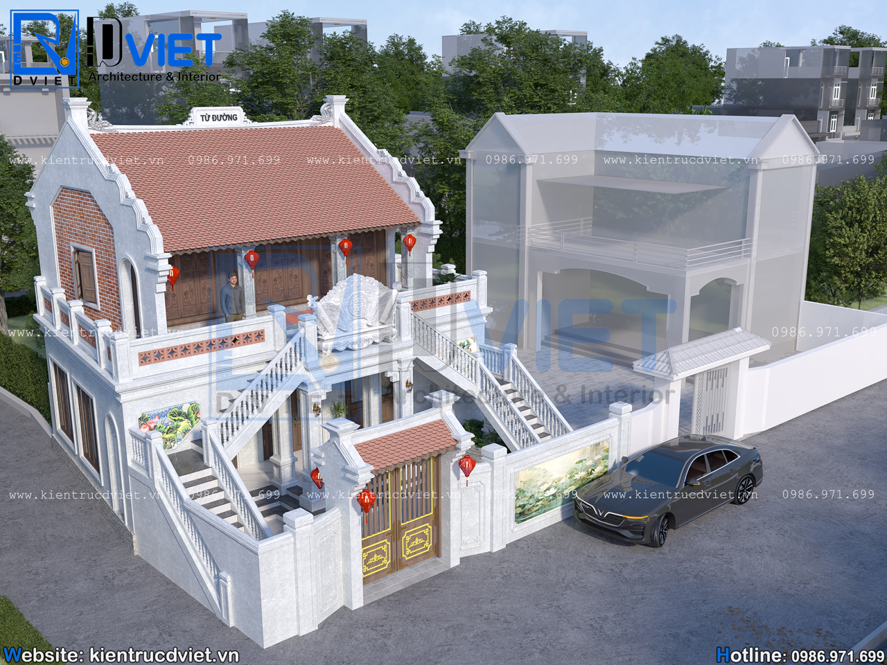Thiết kế nhà thờ họ (từ đường) 2 tầng 3 gian 2 Mái 10,6x11m tại Hải Phòng