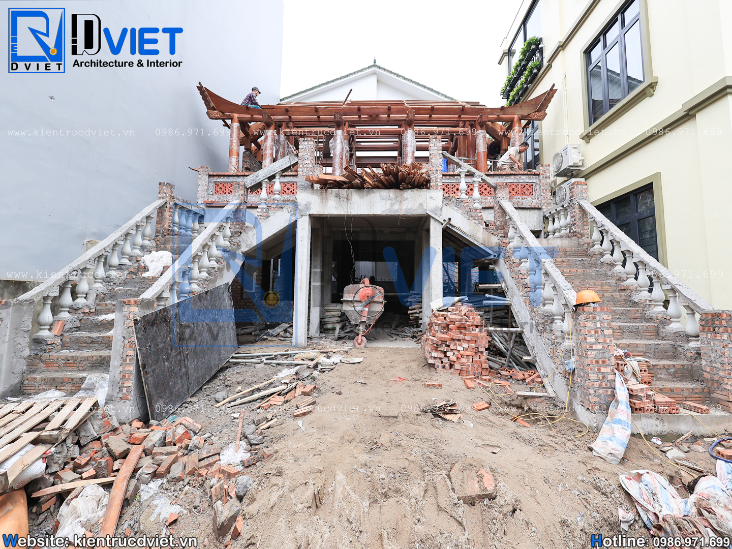 thi công nhà thờ họ (từ đường) 2 tầng 3 gian 4 mái 9x8m gỗ Lim Nam Phi tại Hà Nội (2)