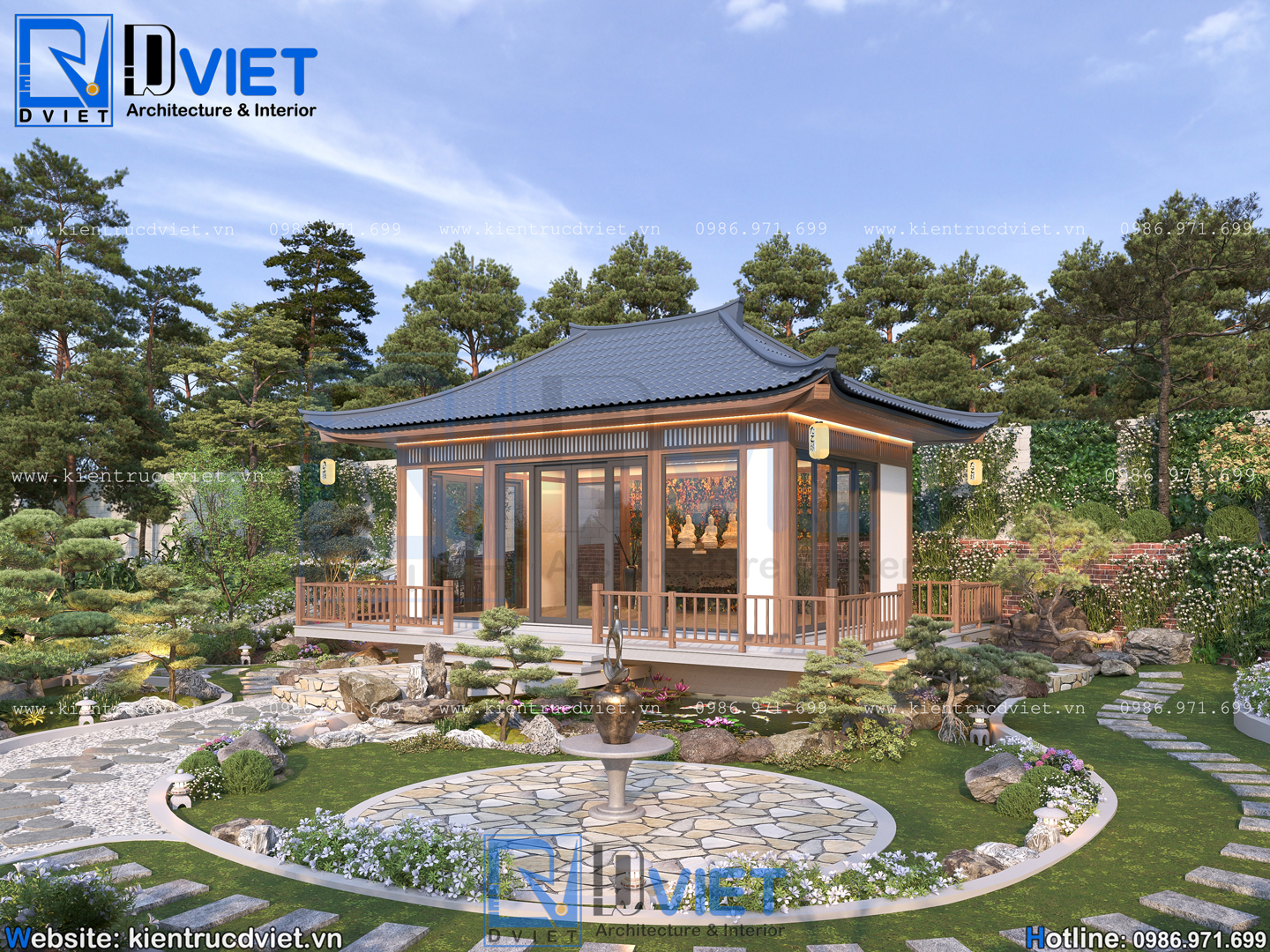 Thiết kế công trình tâm linh 4 mái kiểu Nhật 8x5m có hồ cá Koi tại xã Yên Xuân, thành phố Hà Nội (2)