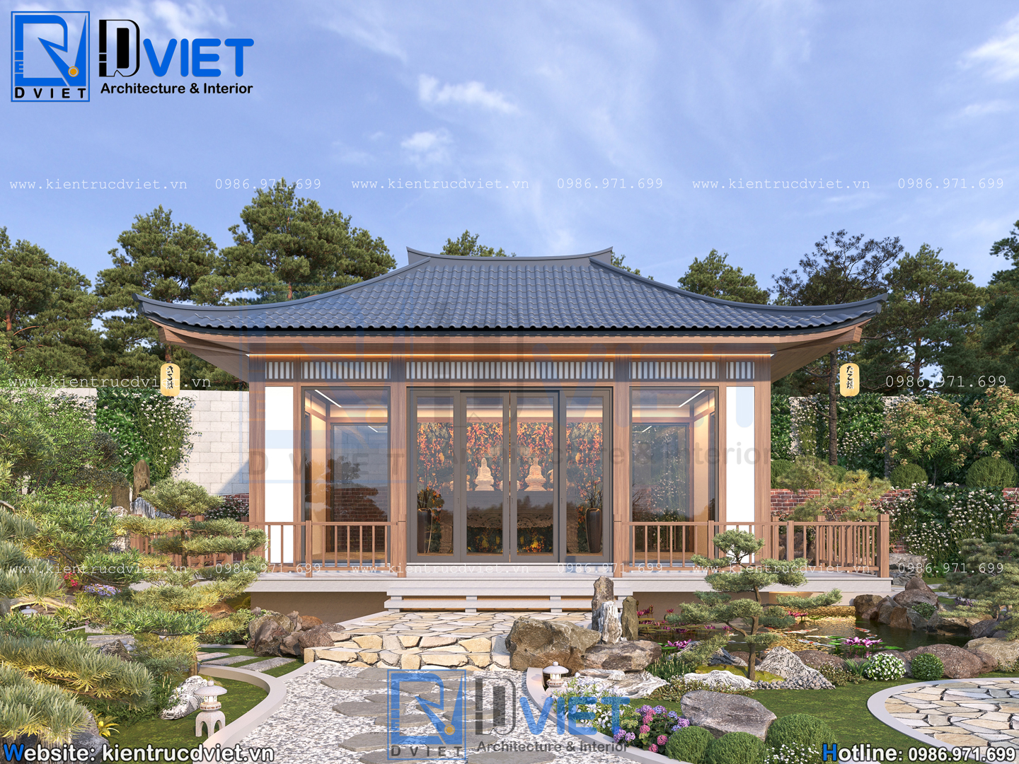 Thiết kế công trình tâm linh 4 mái kiểu Nhật 8x5m có hồ cá Koi tại xã Yên Xuân, thành phố Hà Nội (3)