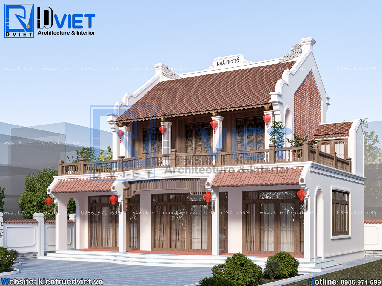 thiết kế nhà thờ họ (từ đường) 2 tầng 3 gian 2 mái kẻ truyền kết hợp ở 12x9m tại Thường Tín - Hà Nội (5)