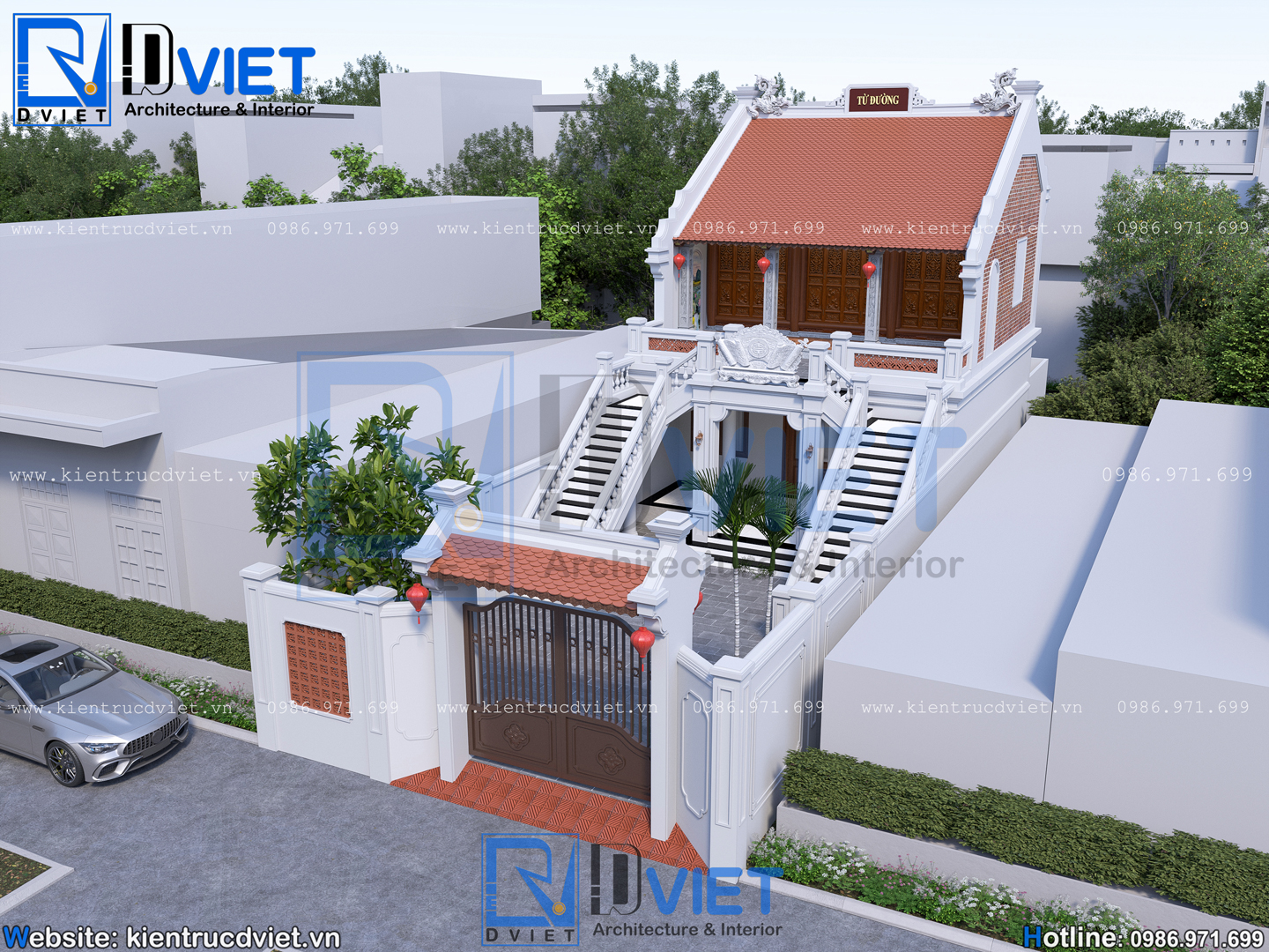 Thiết kế nhà thờ họ (từ đường) 2 tầng 3 gian 2 mái 7,6x15m kết hợp ở tầng 1 tại Ứng Hòa, Hà Nội (1)