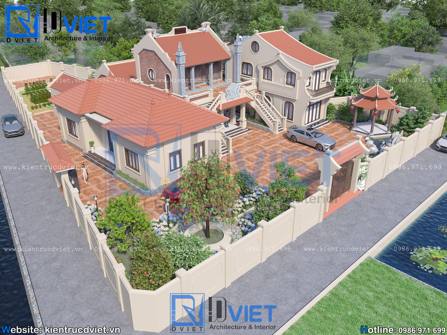 Thiết kế nhà thờ họ (từ đường) 2 tầng 3 gian 2 mái 9,6x13,6m kết hợp ở tại Quỳnh An, Hưng Yên (1)