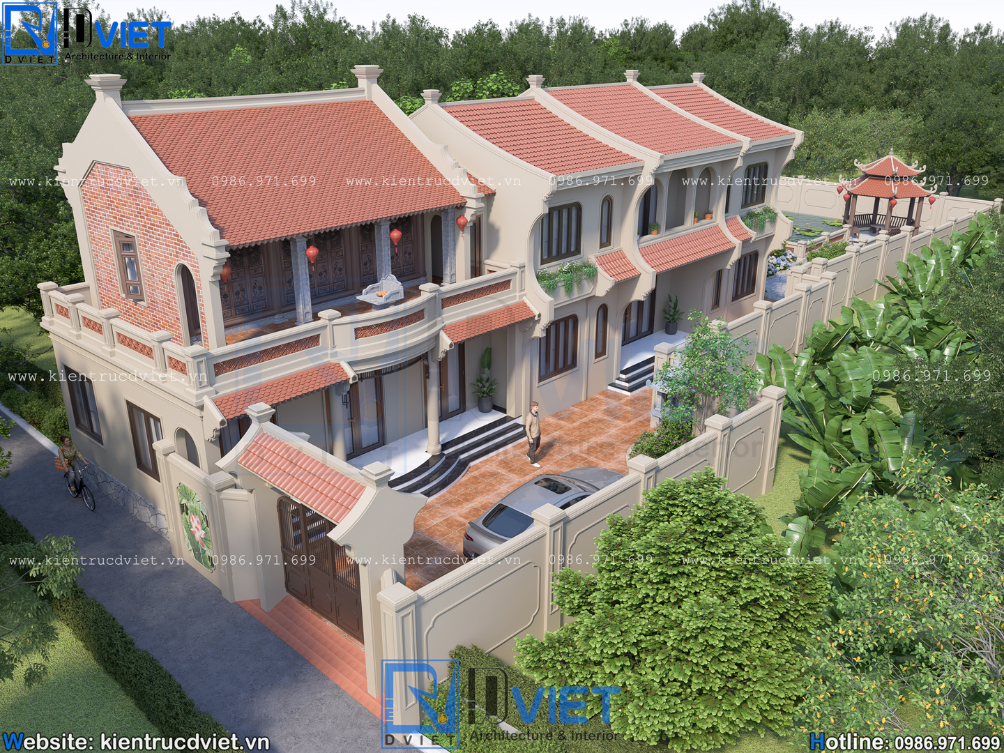 Thiết kế nhà thờ họ (từ đường) 2 tầng 3 gian 2 mái 10x7,5m kết hợp nhà ở 2 tầng 15x7,5m tại Thái Thụy, Hưng Yên (1)