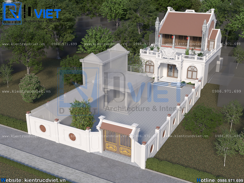 Thiết kế nhà thờ họ (từ đường) 2 tầng 3 gian 2 mái kết hợp ở 11x13m tại Cẩm Giàng - Hải Dương