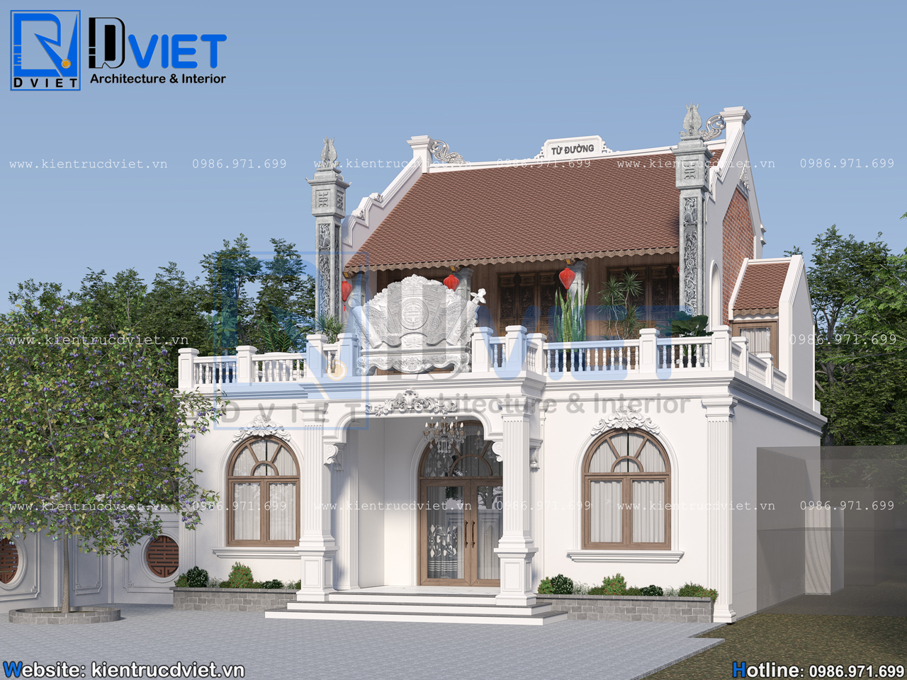 thiết kế nhà thờ họ (từ đường) 2 tầng 3 gian 2 mái tân cổ điển 11x13m kết hợp ở tại Cẩm Giàng - Hải Dương (2)