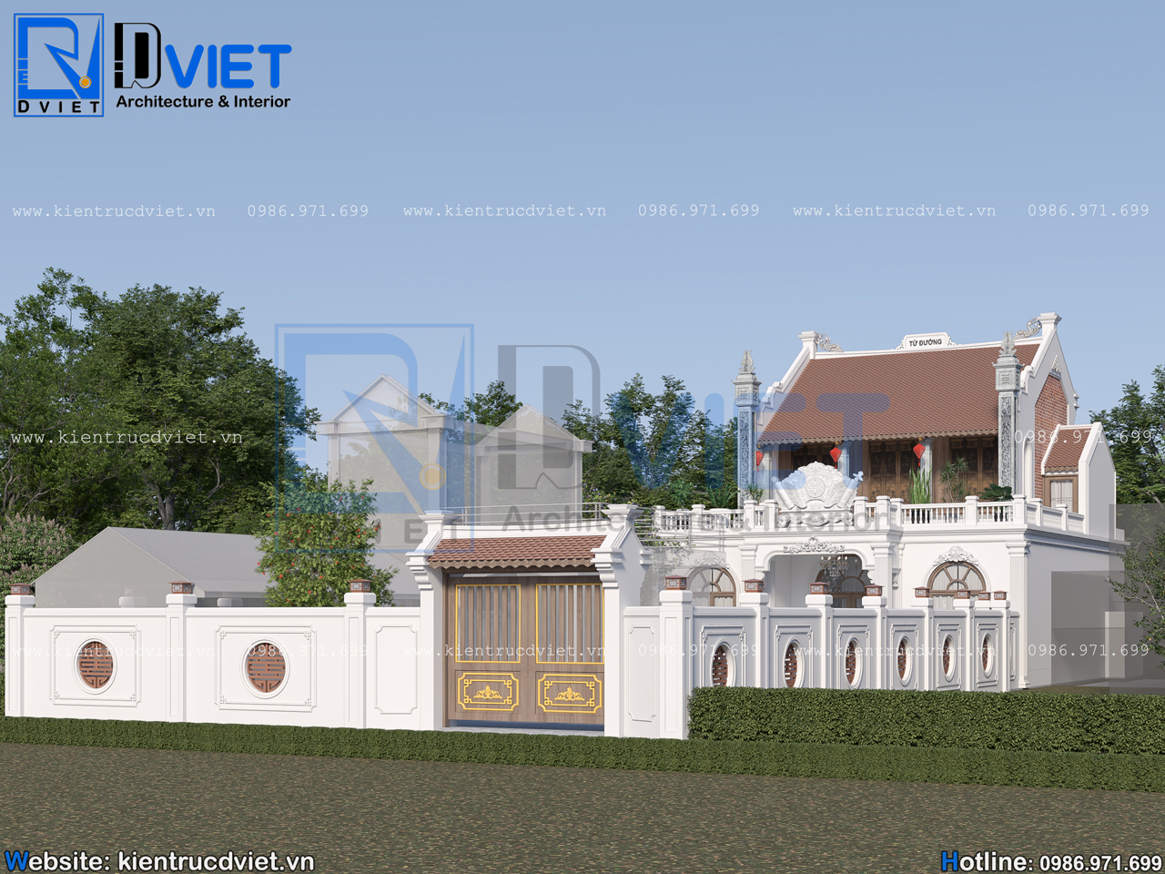 thiết kế nhà thờ họ (từ đường) 2 tầng 3 gian 2 mái tân cổ điển 11x13m kết hợp ở tại Cẩm Giàng - Hải Dương (3)