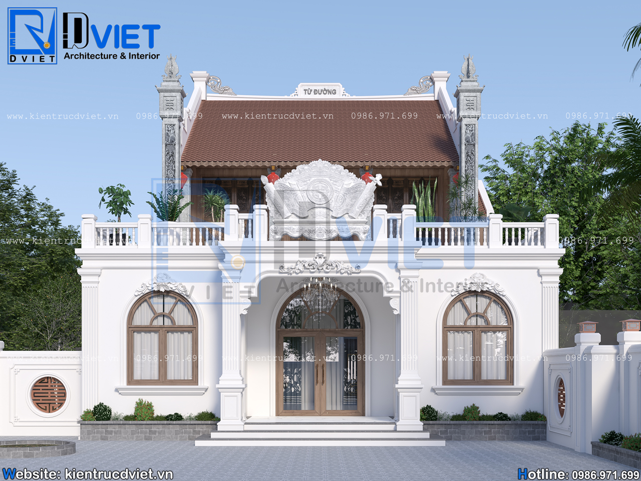 thiết kế nhà thờ họ (từ đường) 2 tầng 3 gian 2 mái tân cổ điển 11x13m kết hợp ở tại Cẩm Giàng - Hải Dương (4)