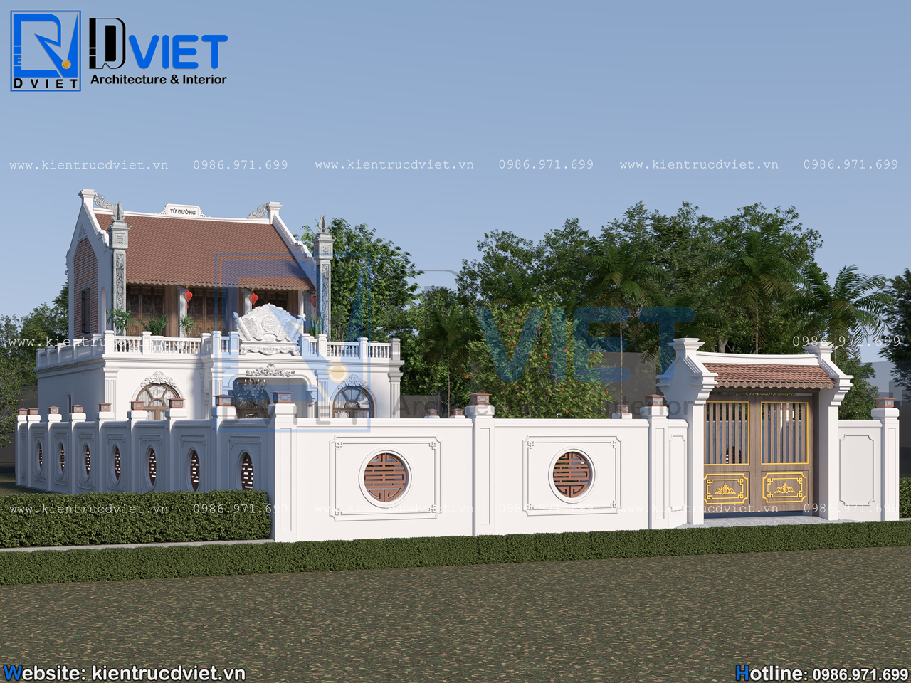 thiết kế nhà thờ họ (từ đường) 2 tầng 3 gian 2 mái tân cổ điển 11x13m kết hợp ở tại Cẩm Giàng - Hải Dương (5)