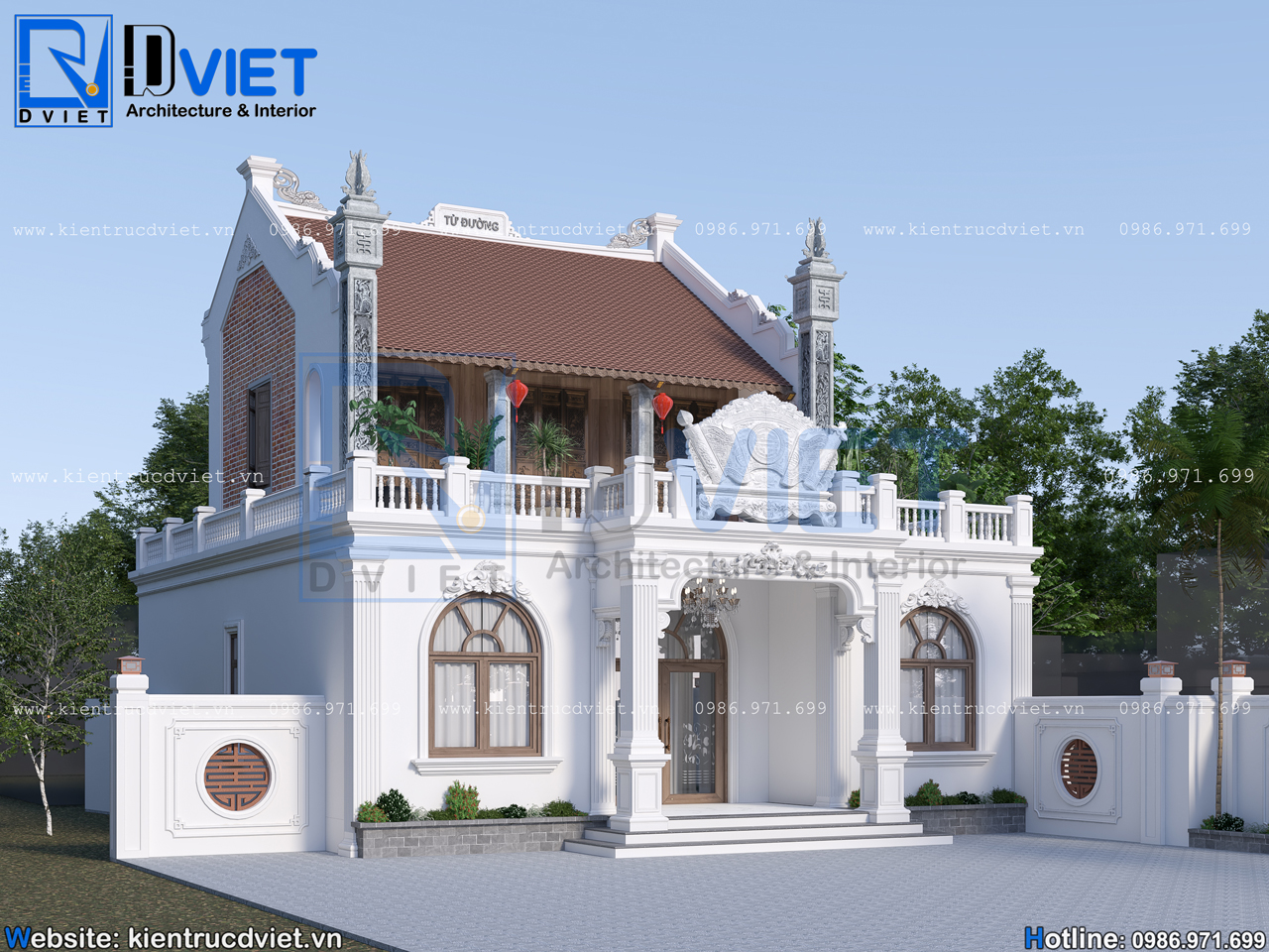 thiết kế nhà thờ họ (từ đường) 2 tầng 3 gian 2 mái tân cổ điển 11x13m kết hợp ở tại Cẩm Giàng - Hải Dương (6)