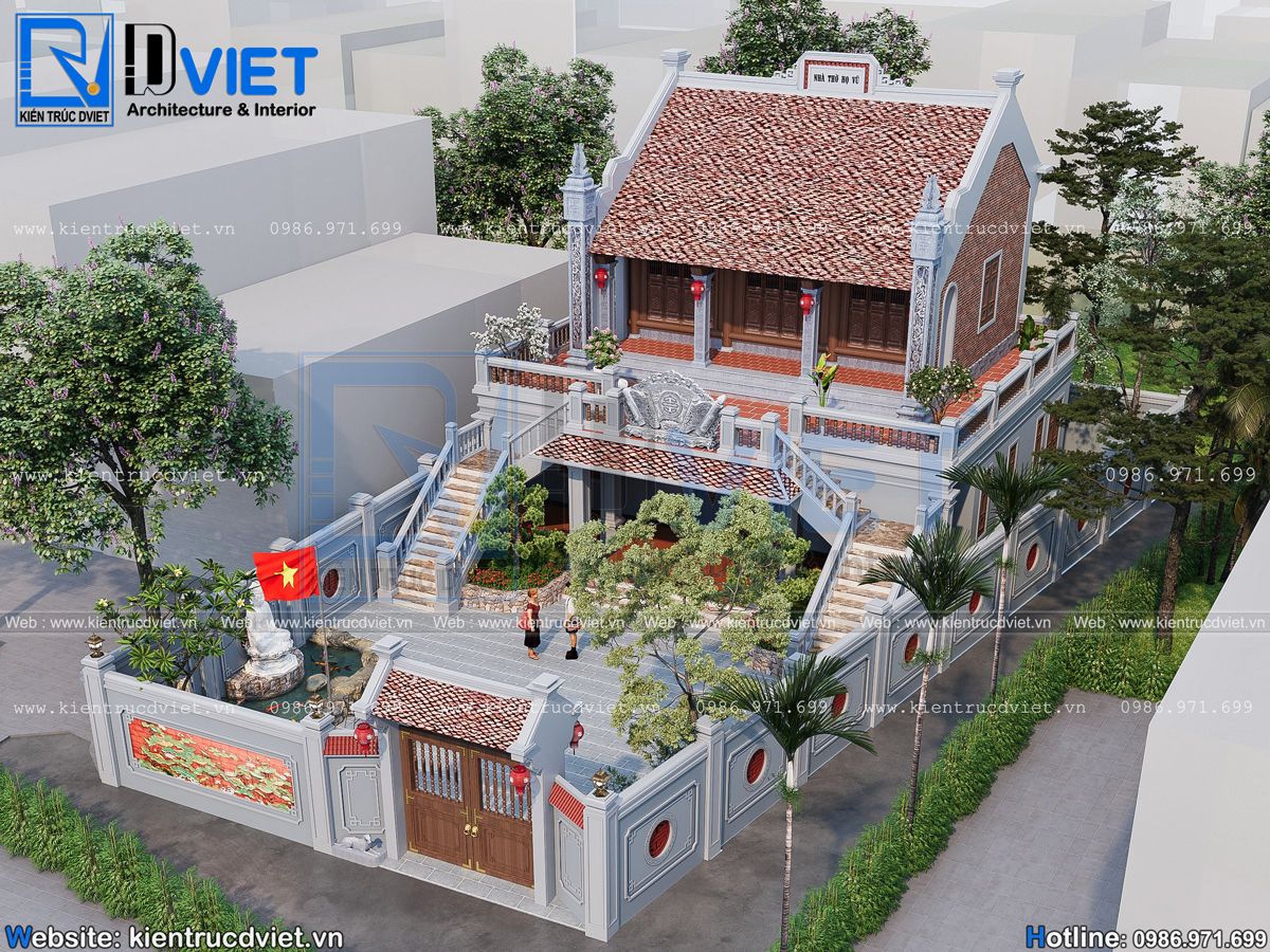 Thiết kế nhà thờ họ (từ đường) 2 tầng 3 gian 2 mái mặt tiền 12m tại huyện Thanh Miện - Hải Dương (1)