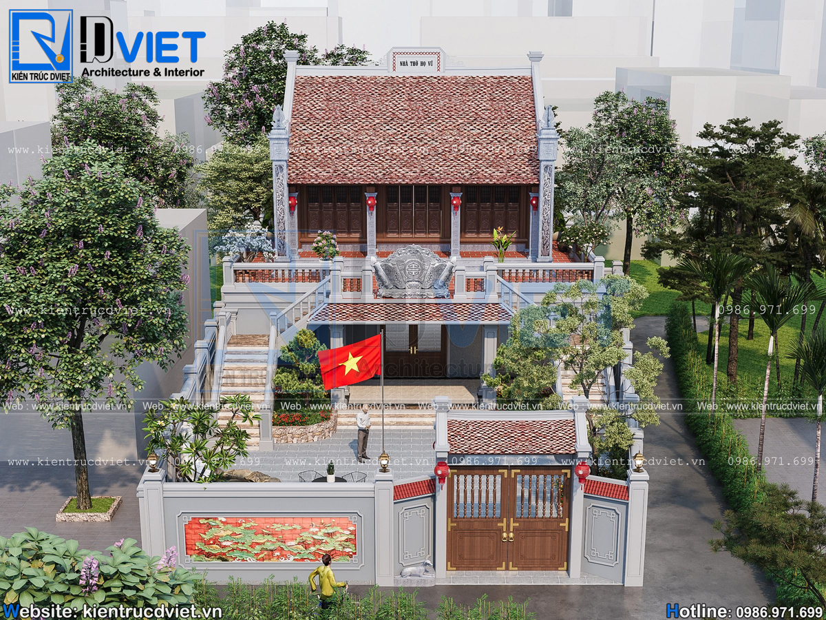 Thiết kế nhà thờ họ (từ đường) 2 tầng 3 gian 2 mái mặt tiền 12m tại huyện Thanh Miện - Hải Dương (3)