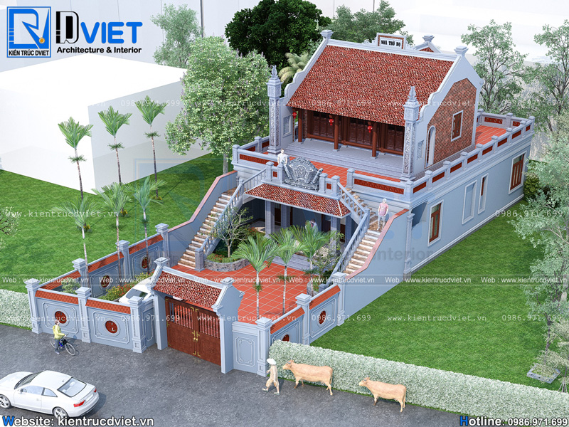 Thiết kế nhà thờ họ (từ đường) 2 tầng 3 gian 2 mái mặt tiền 12m tại Hải Phòng
