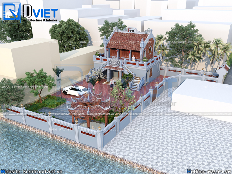 Thiết kế nhà thờ họ (từ đường) 2 tầng 3 gian 2 mái tại huyện Quỳnh Phụ - Thái Bình