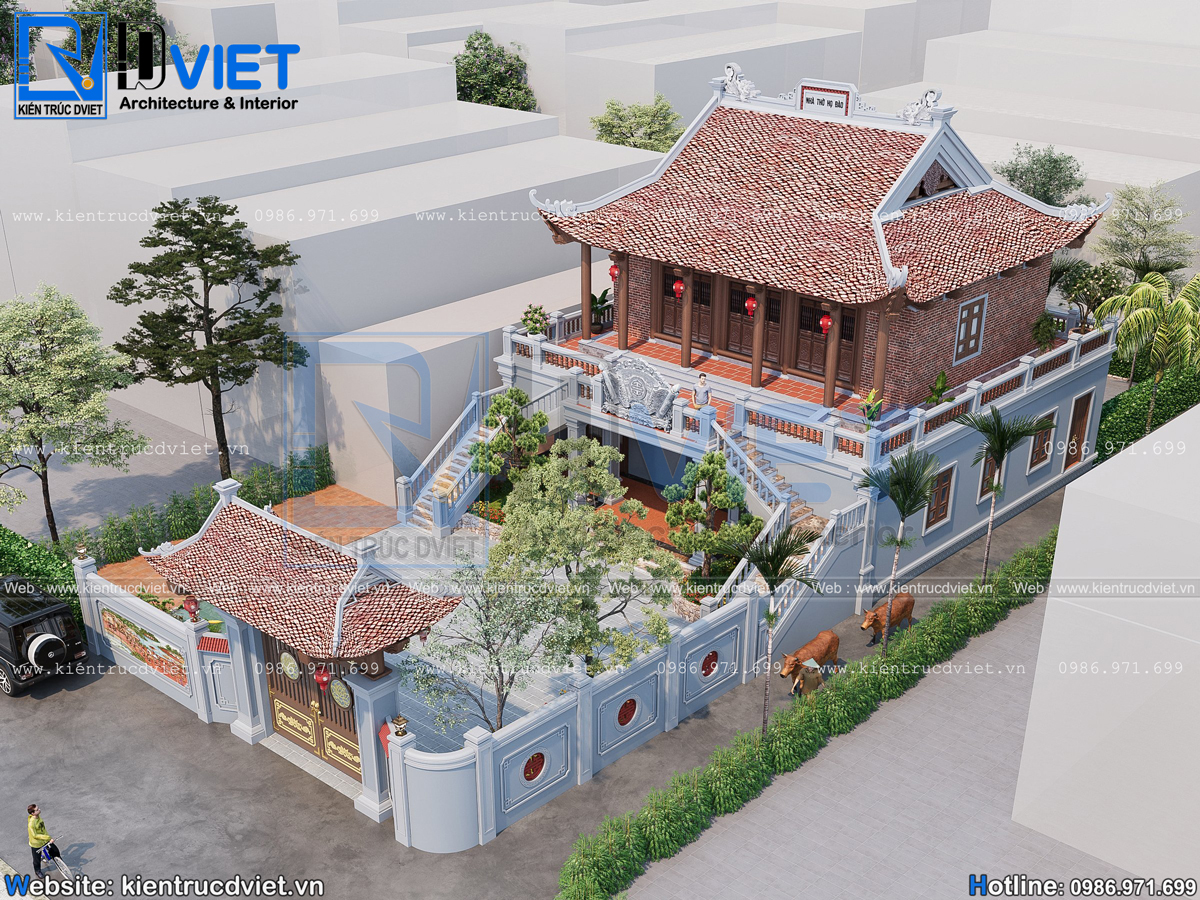 Thiết kế nhà thờ họ (từ đường) 2 tầng 3 gian 4 mái mặt tiền 13,5m tại huyện An Lão - Hải Phòng (1) 
