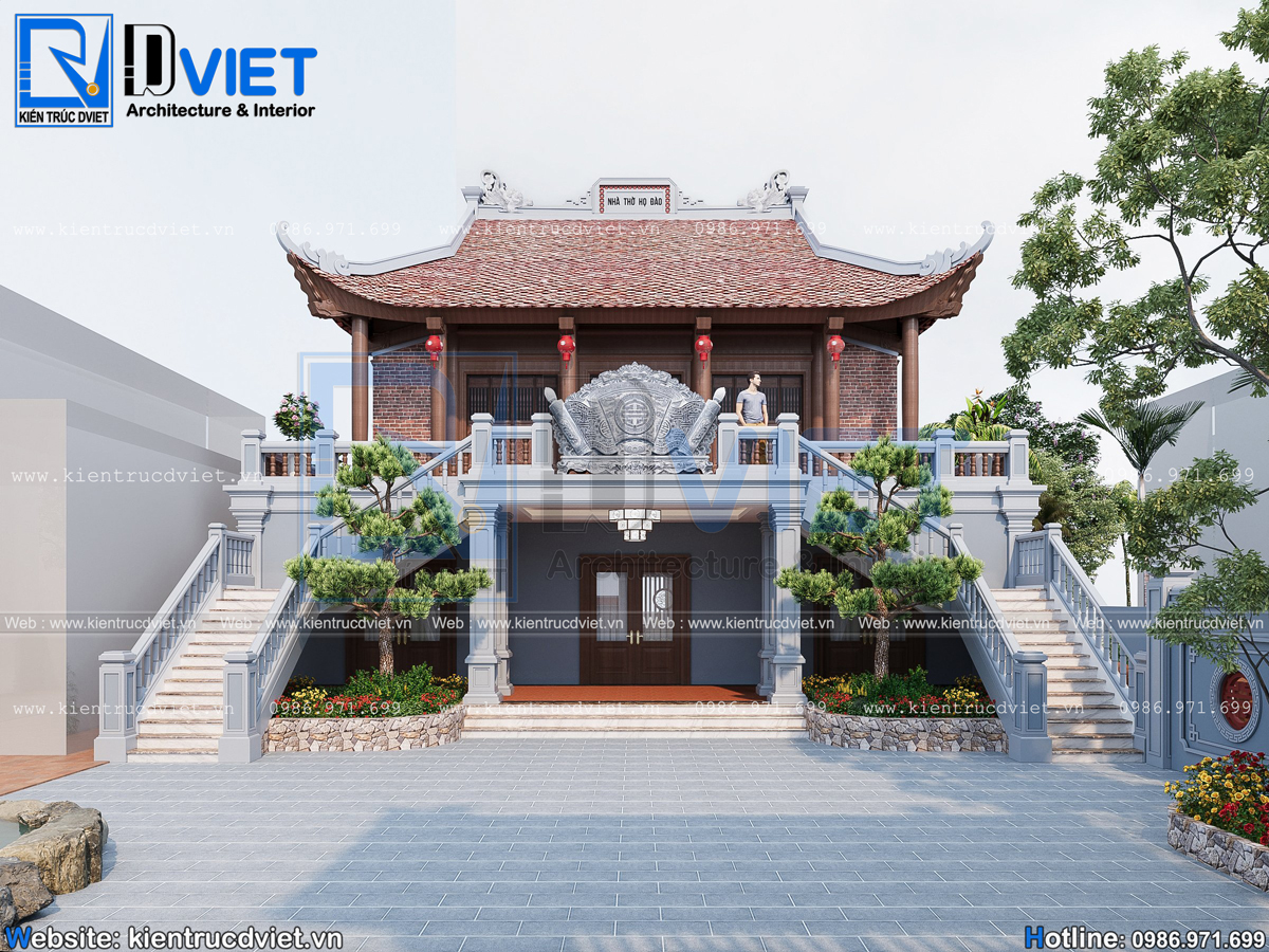 Thiết kế nhà thờ họ (từ đường) 2 tầng 3 gian 4 mái mặt tiền 13,5m tại huyện An Lão - Hải Phòng (2) 