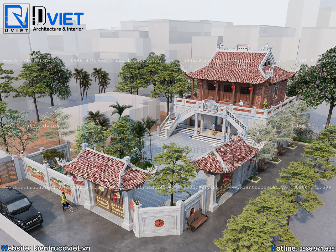 Thiết kế nhà thờ họ (từ đường) 2 tầng 3 gian 4 mái 14x15,5m kết hợp ở tại huyện Đông Hưng - Thái Bình (1)