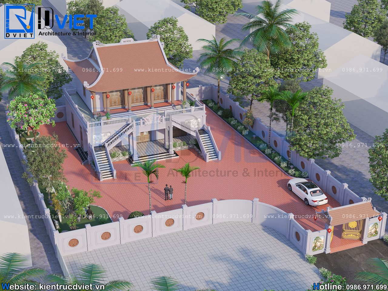 thiết kế nhà thờ họ (từ đường) 2 tầng 3 gian 4 mái đao bê tông giả gỗ 14x15,8m kết hợp ở tại Bắc Giang (3)